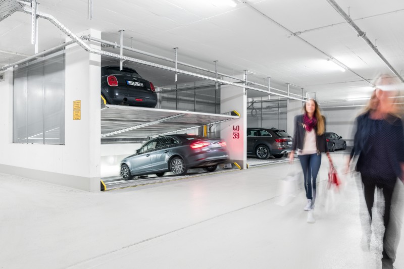 parklift 405 parked cars walking people